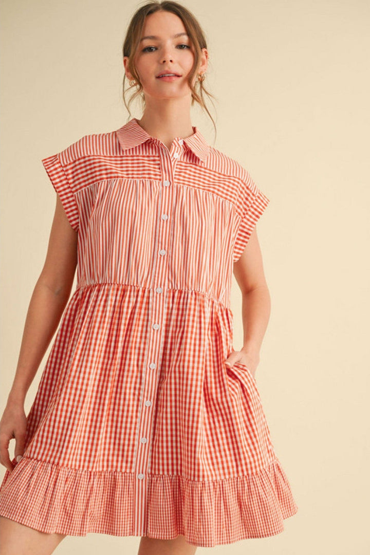 Jodifl Check and Stripes Button Down Dress with Cap Sleeves and Ruffled Hemline