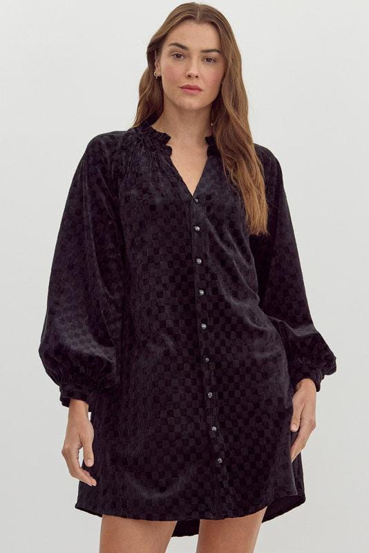 Jodifl Checkerboard Velvet Split Frilled Neck Balloon Sleeve Dress