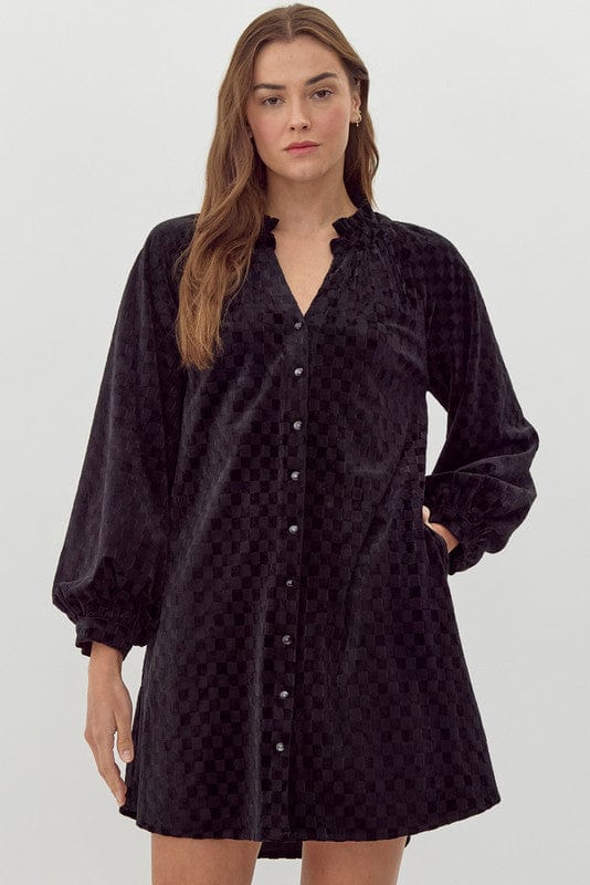 Jodifl Checkerboard Velvet Split Frilled Neck Balloon Sleeve Dress