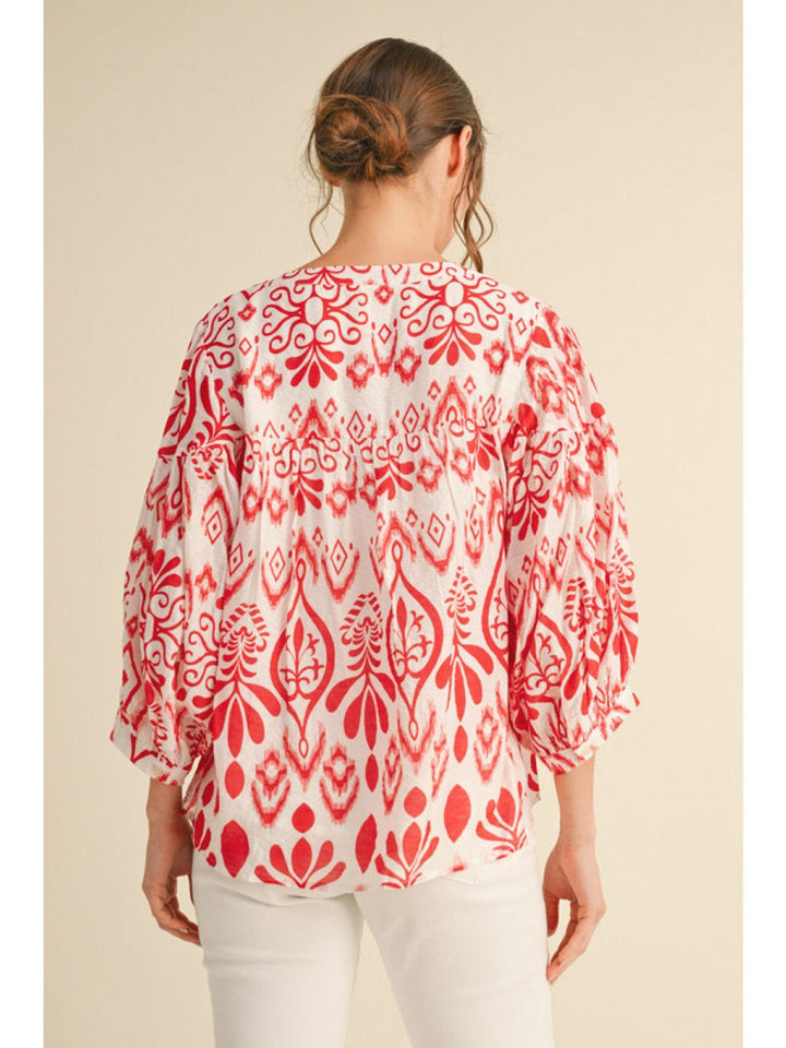 Jodifl Chiffon Boat Shape Split Neckline Three Quarter Balloon Sleeve Top