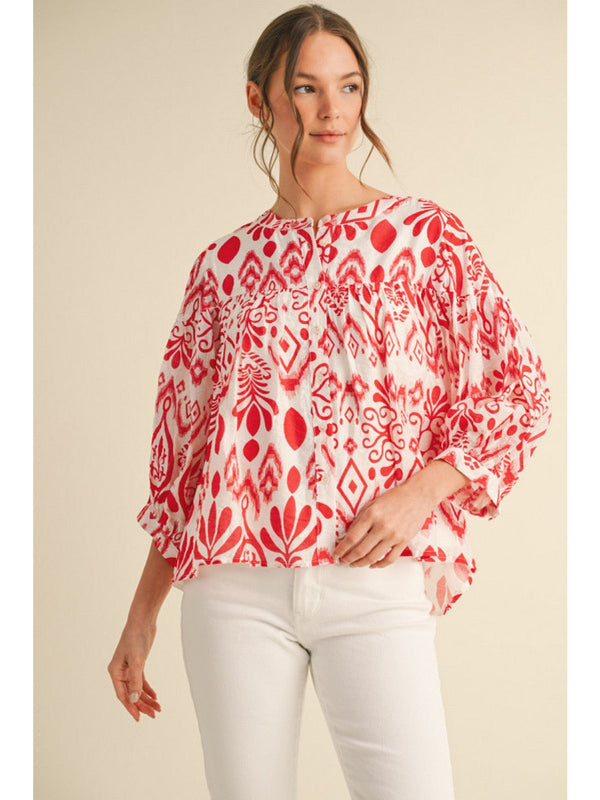 Jodifl Chiffon Boat Shape Split Neckline Three Quarter Balloon Sleeve Top