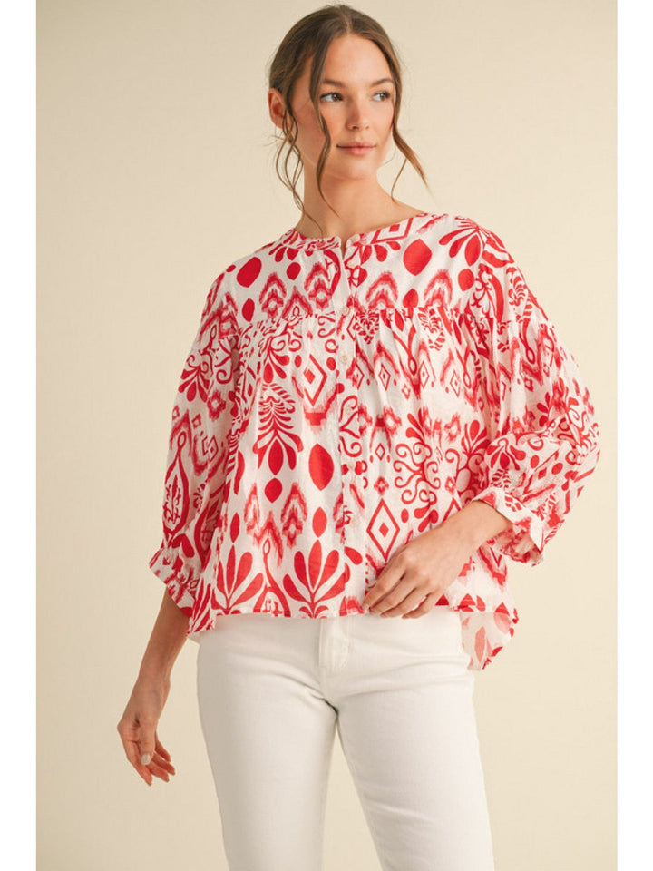 Jodifl Chiffon Boat Shape Split Neckline Three Quarter Balloon Sleeve Top