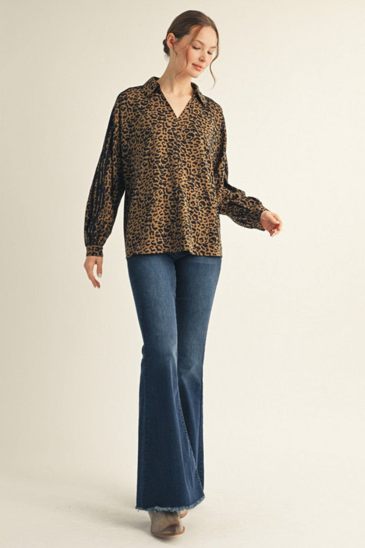 Jodifl Collared Animal Print Striped Long Sleeve Top