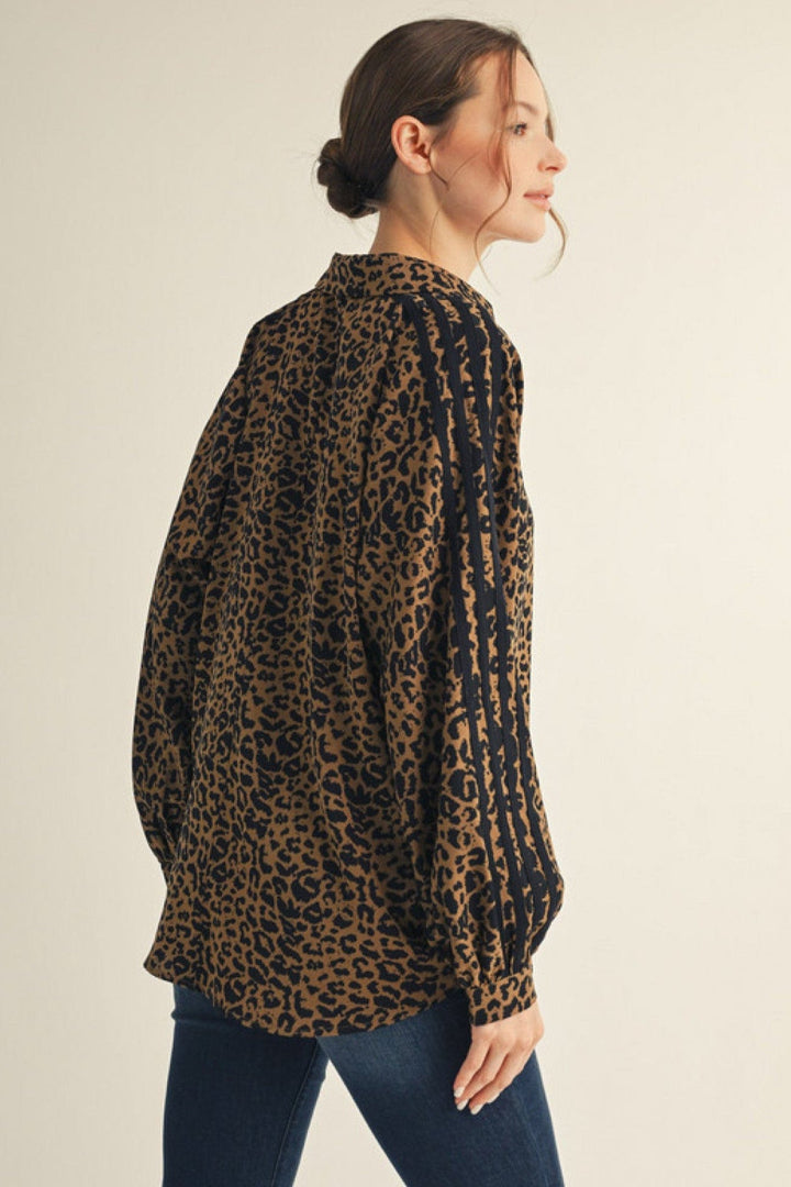 Jodifl Collared Animal Print Striped Long Sleeve Top