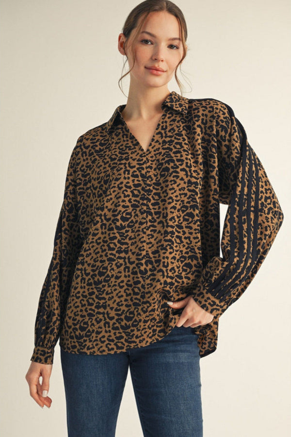 Jodifl Collared Animal Print Striped Long Sleeve Top