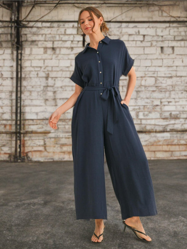 Jodifl Collared Buttoned Down Bodice Wide Leg Jumpsuit with Belted Waistline