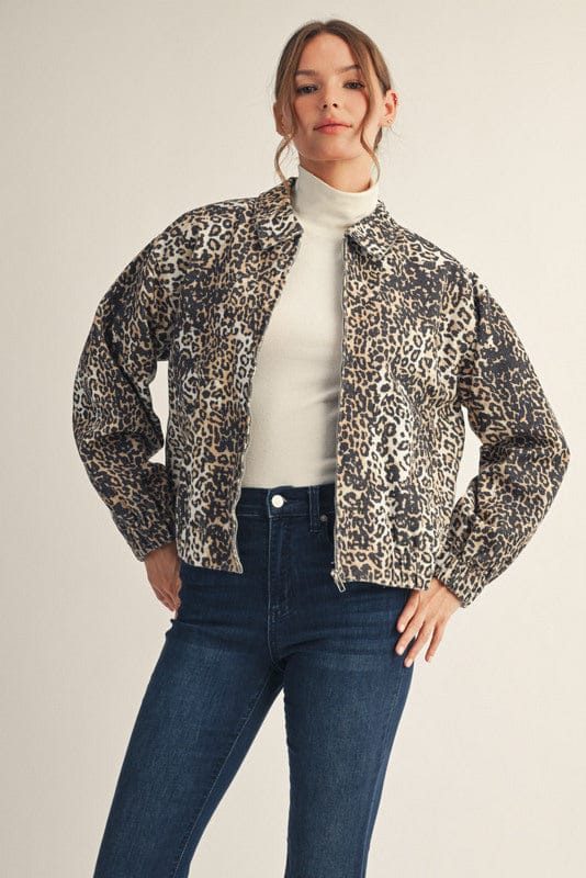 Jodifl Collared Leopard Print Zip Up Jacket