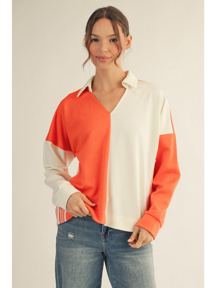 Jodifl Color Block Collared Top with Striped Accent Trim