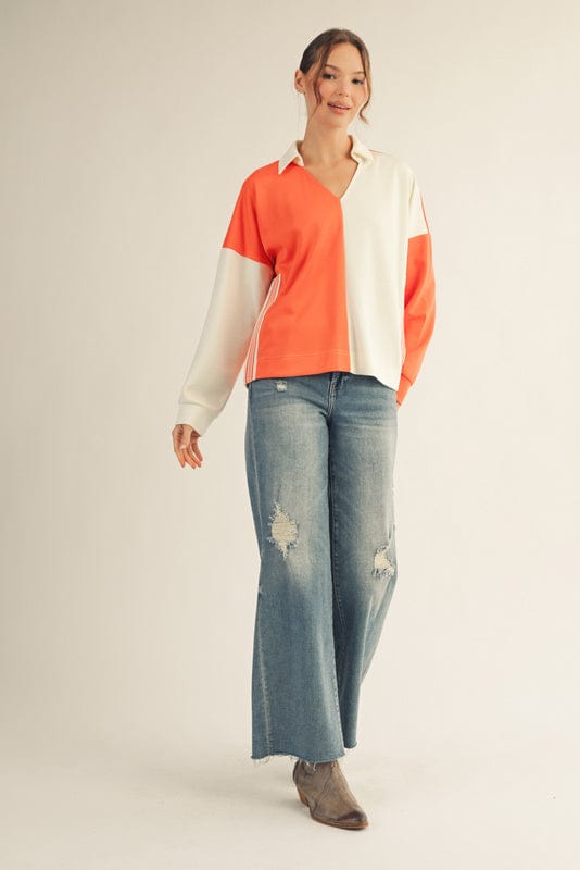 Jodifl Color Block Collared Top with Striped Accent Trim