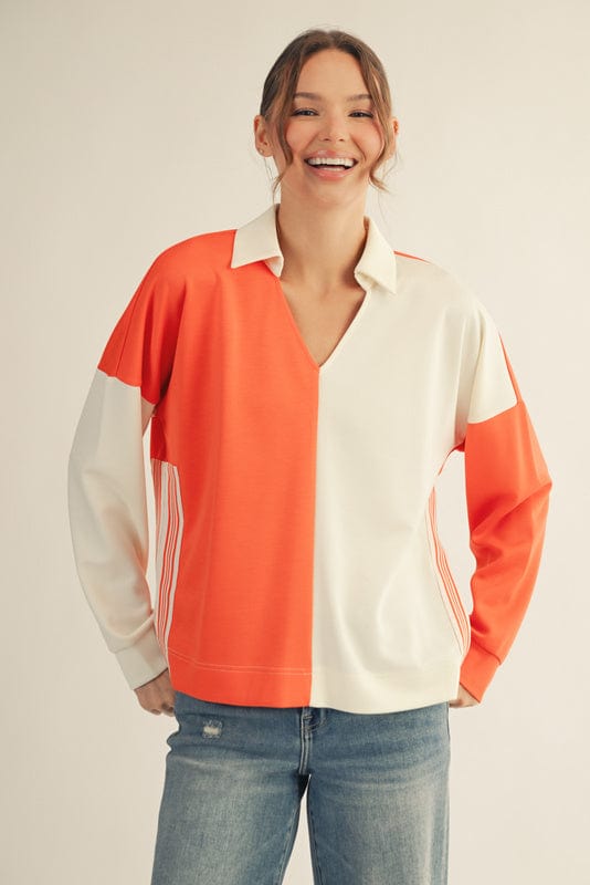 Jodifl Color Block Collared Top with Striped Accent Trim
