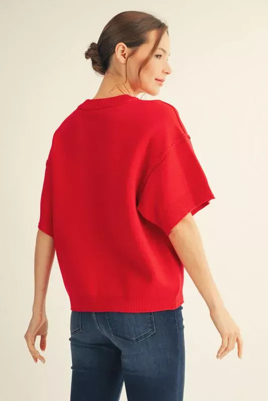 Jodifl Comfortable Drop Shoulder Out Seam Detailed Short Sleeve Sweater Top