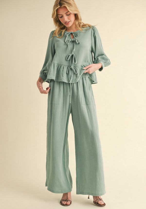 Jodifl Cotton Matching Loungewear Set with Self Tie Front Top and Drawstring Waist with Pocket Pants
