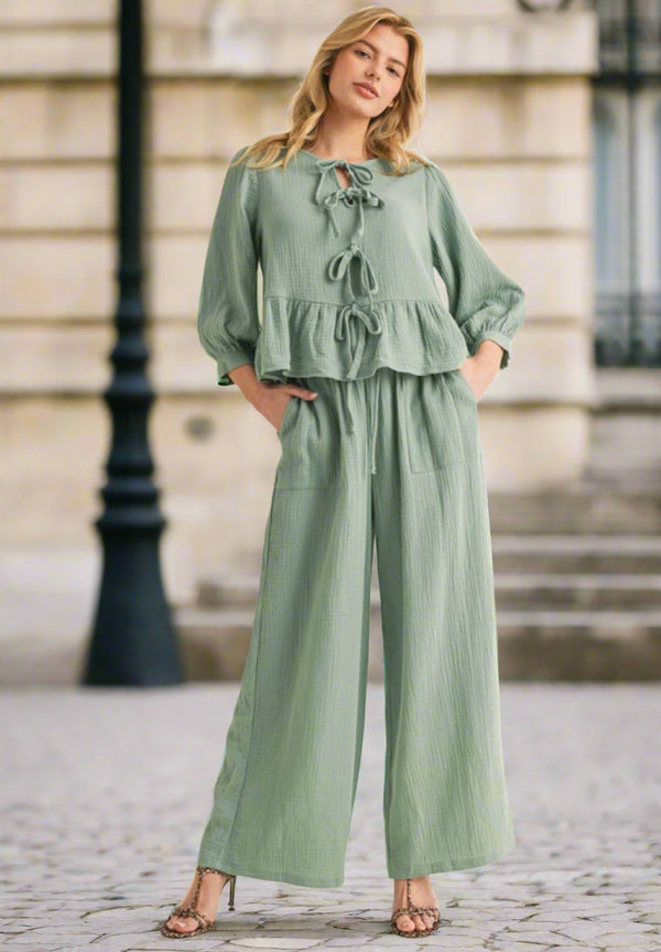 Jodifl Cotton Matching Loungewear Set with Self Tie Front Top and Drawstring Waist with Pocket Pants
