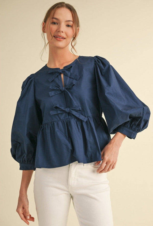 Jodifl Cotton Peplum Round Neck Tie Top with 3/4 Balloon Sleeves