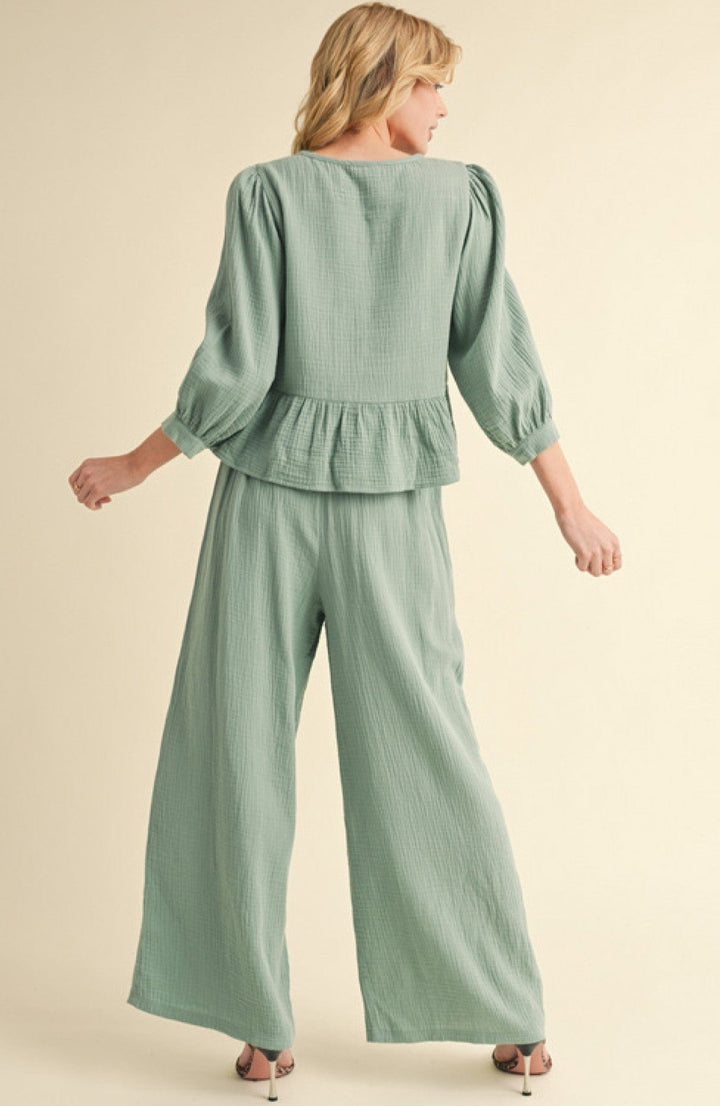 Jodifl Cotton Three Quarter Peasant Sleeve Tie Front Peplum Top
