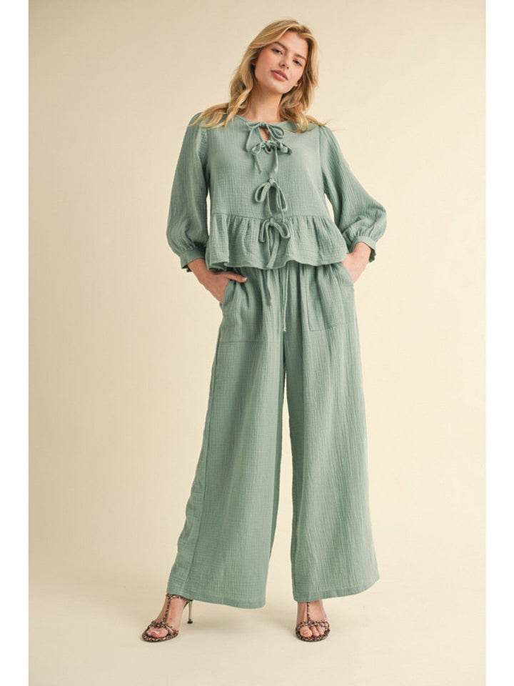 Jodifl Cotton Three Quarter Peasant Sleeve Tie Front Peplum Top