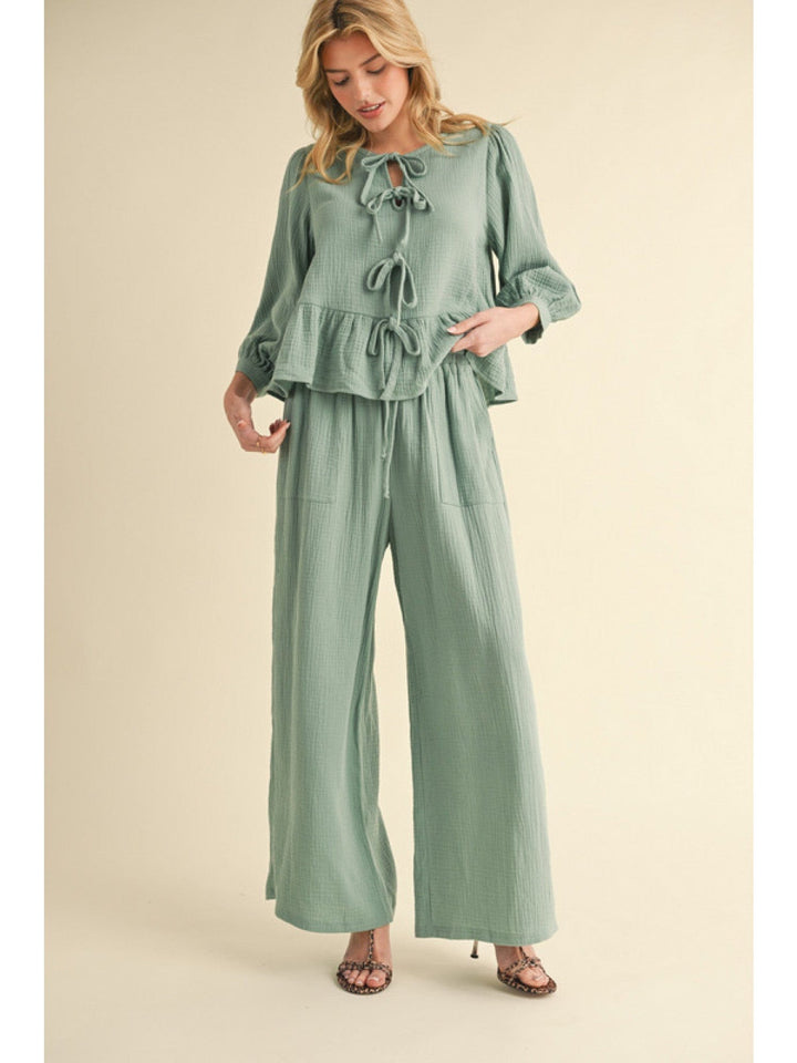 Jodifl Cotton Three Quarter Peasant Sleeve Tie Front Peplum Top