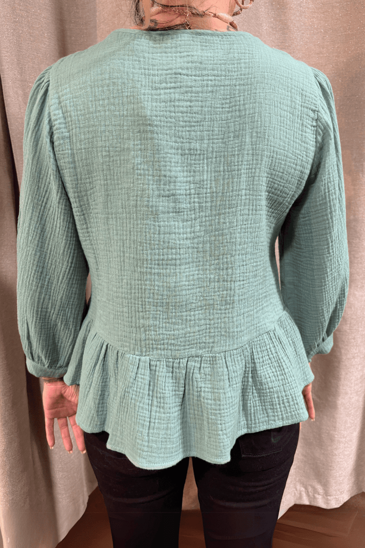 Jodifl Cotton Three Quarter Peasant Sleeve Tie Front Peplum Top