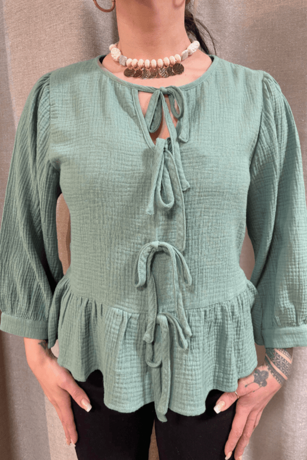 Jodifl Cotton Three Quarter Peasant Sleeve Tie Front Peplum Top