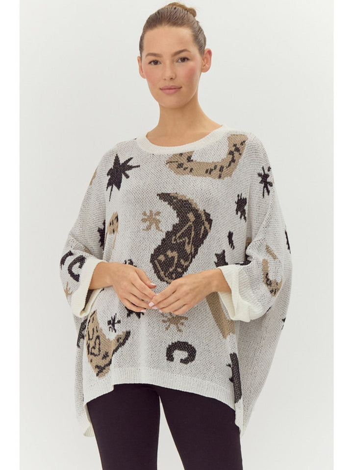 Jodifl Cowboy Boot and Star Pattern Knit Sweater Pullover Top