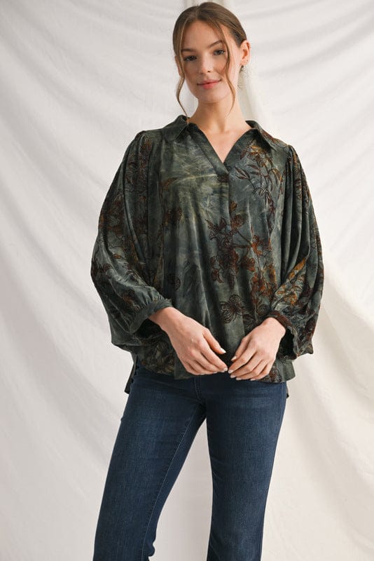 Jodifl Crinkle Tie Die Base Velvet Floral Print Collared Blouse