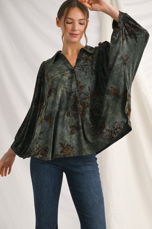 Jodifl Crinkle Tie Die Base Velvet Floral Print Collared Blouse