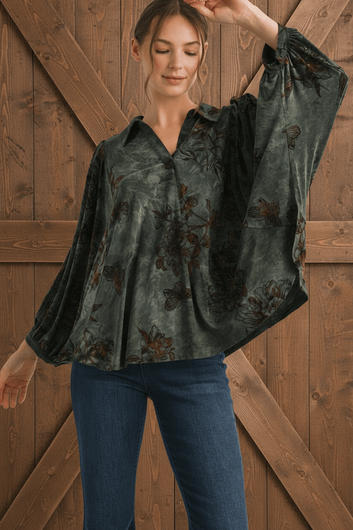 Jodifl Crinkle Tie Die Base Velvet Floral Print Collared Blouse