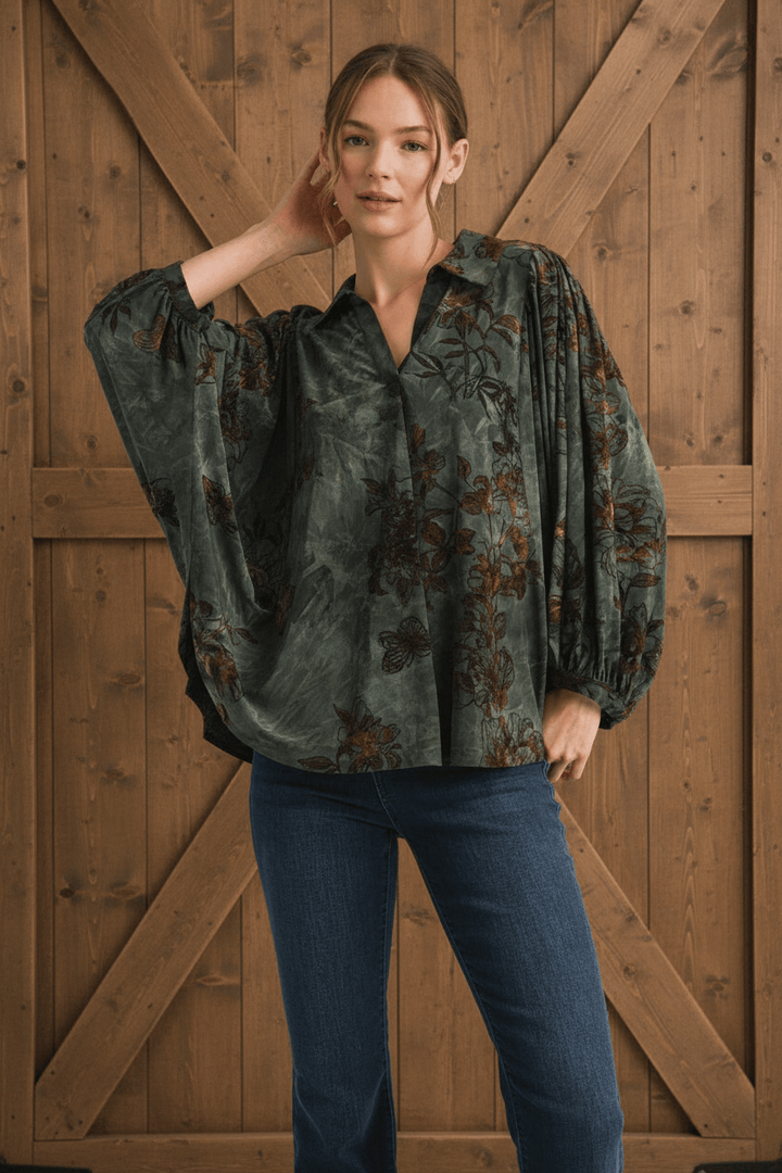 Jodifl Crinkle Tie Die Base Velvet Floral Print Collared Blouse