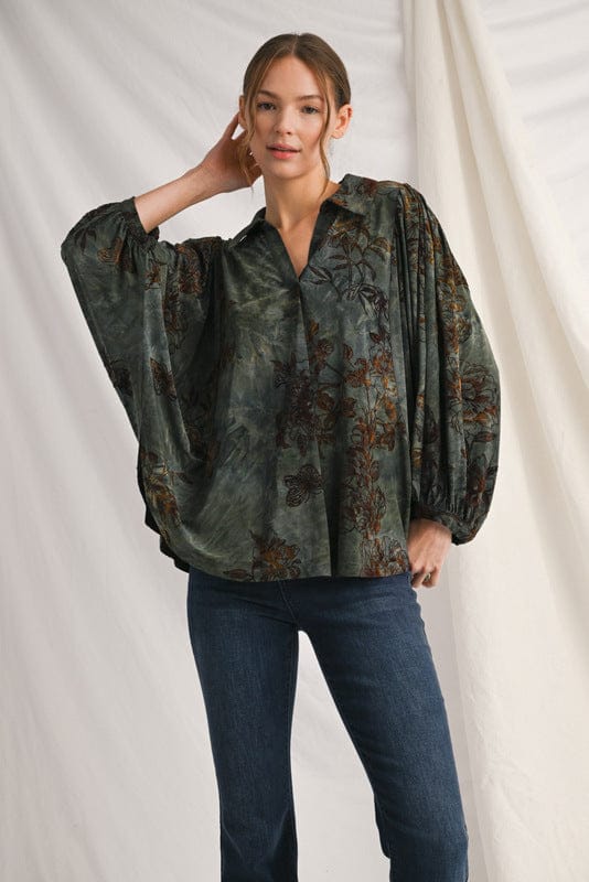 Jodifl Crinkle Tie Die Base Velvet Floral Print Collared Blouse