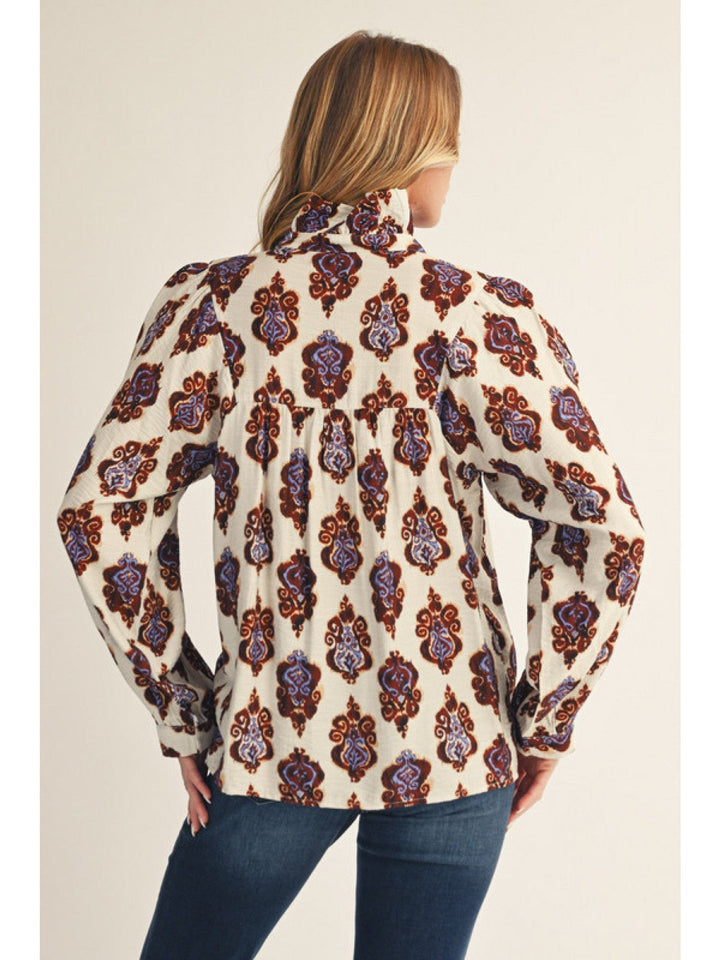 Jodifl Damask Print Long Puff Sleeve Blouse Top