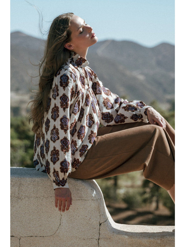 Jodifl Damask Print Long Puff Sleeve Blouse Top