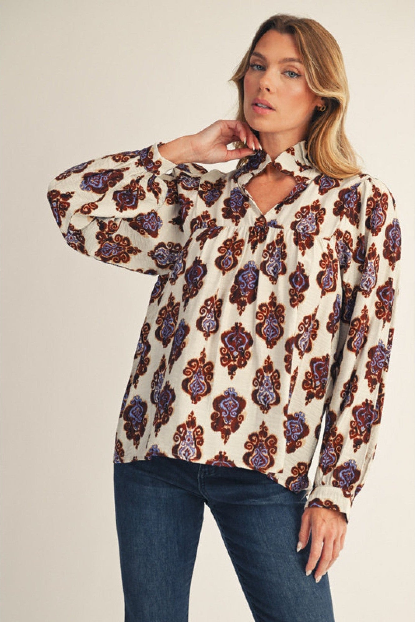 Jodifl Damask Print Long Puff Sleeve Blouse Top – jfybrand
