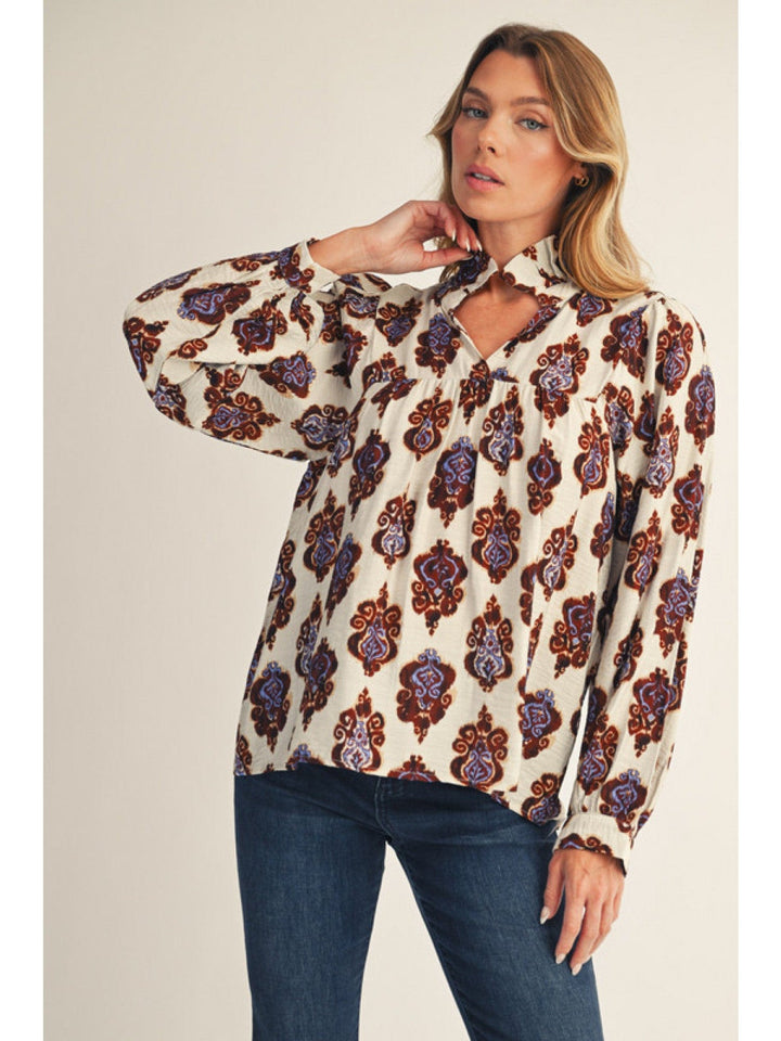 Jodifl Damask Print Long Puff Sleeve Blouse Top