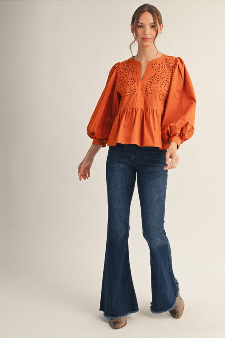 Jodifl Decorative Eyelet Puff Sleeve Peplum Blouse Top