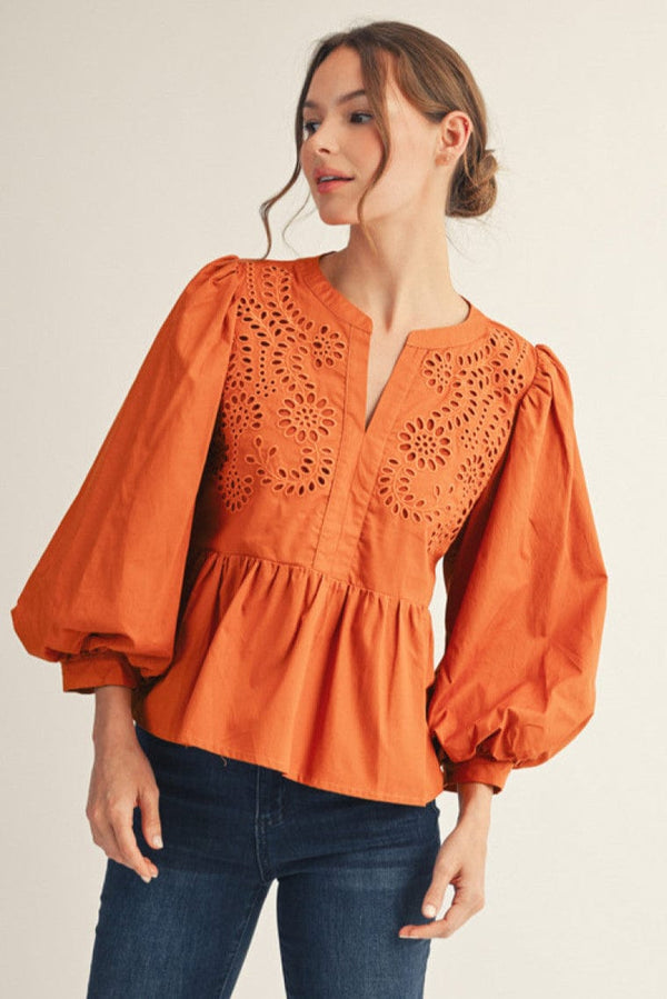 Jodifl Decorative Eyelet Puff Sleeve Peplum Blouse Top