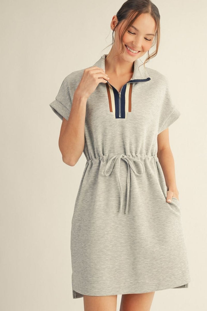 Jodifl Drawstring Waist Front Quarter Zip Casual Dress DR-JD-M50292 / DENIM / L
