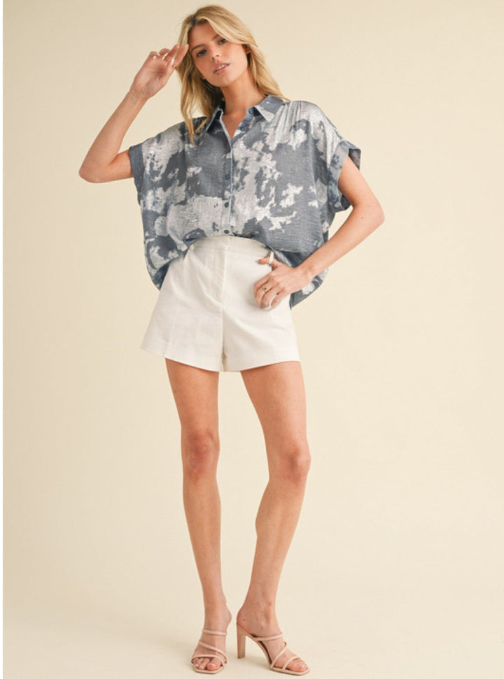 Jodifl Drop Shoulder Button Down Metallic Tie Dye Fabric Blouse Top