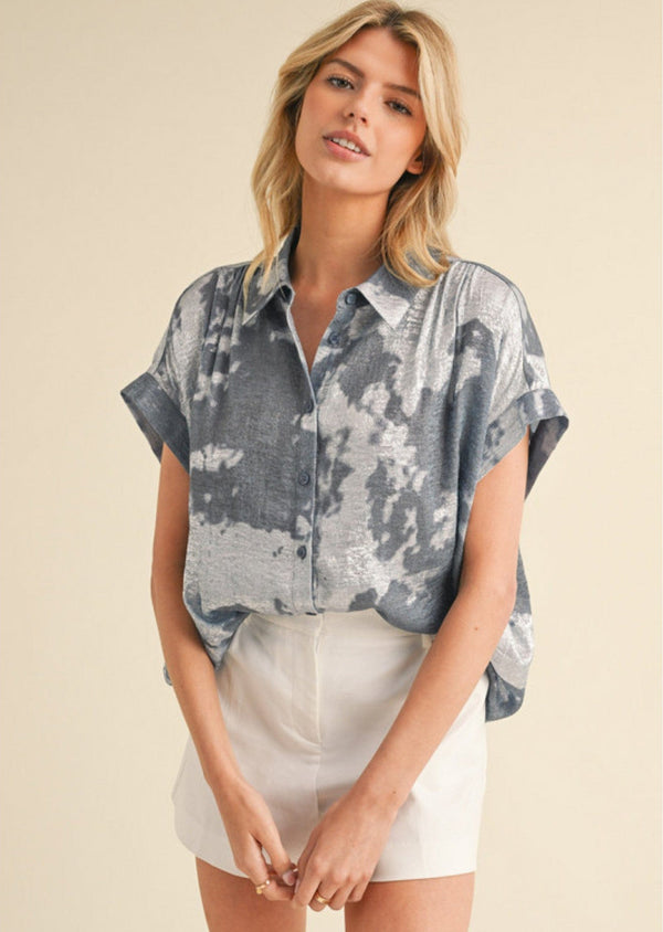 Jodifl Drop Shoulder Button Down Metallic Tie Dye Fabric Blouse Top