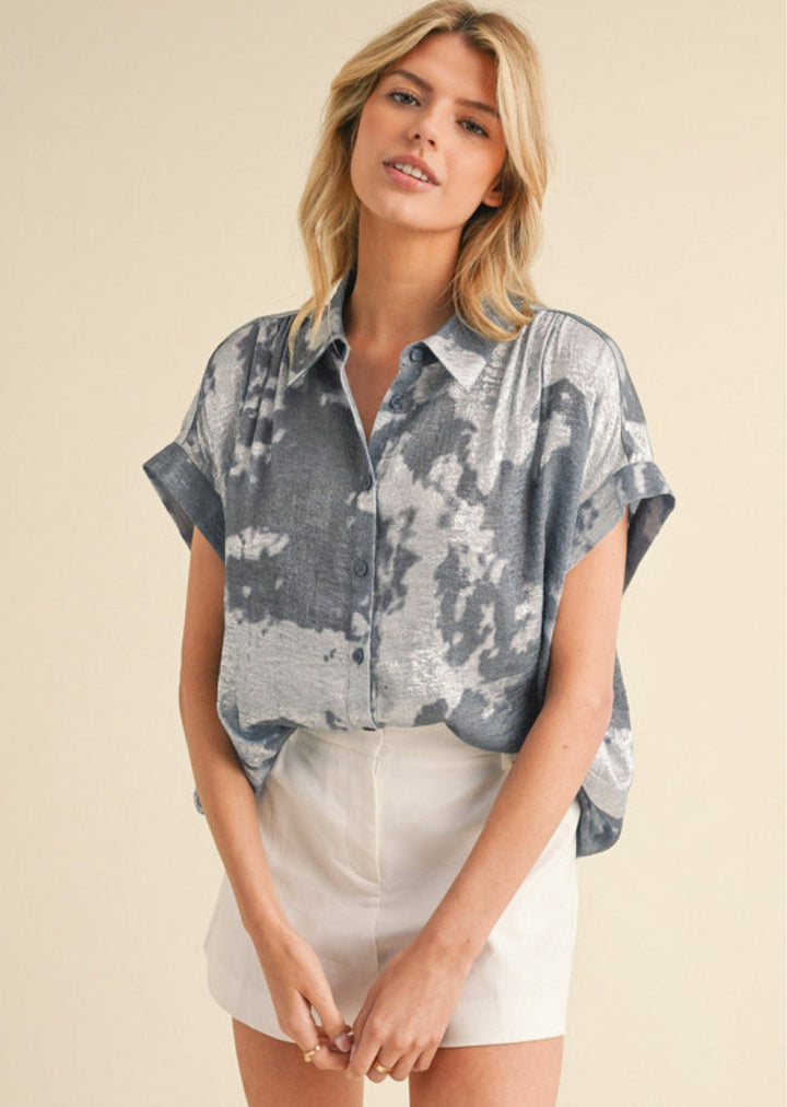 Jodifl Drop Shoulder Button Down Metallic Tie Dye Fabric Blouse Top