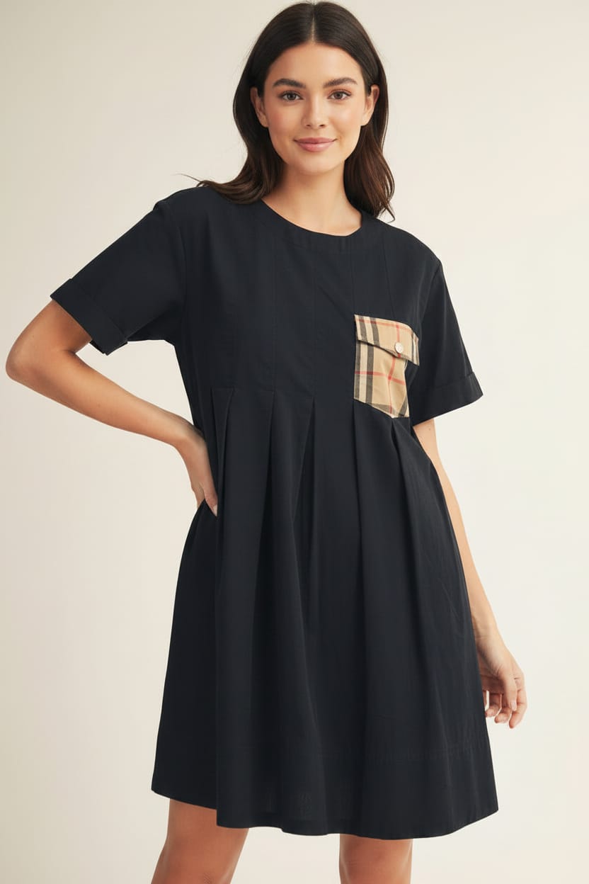 Jodifl Drop Shoulder Casual Pleated Dress with Plaid Contrast Front Po – jfybrand