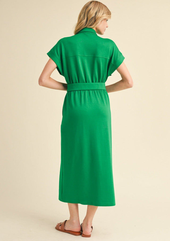Jodifl Drop Shoulder Front Zip Collared Midi Dress with Side Pockets