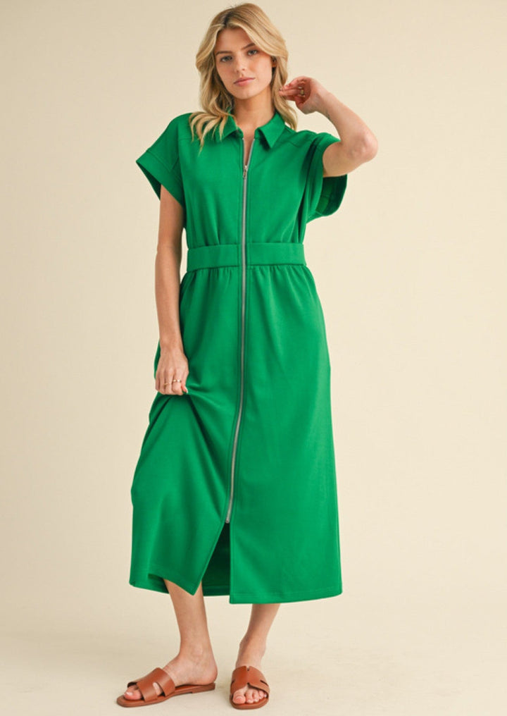Jodifl Drop Shoulder Front Zip Collared Midi Dress with Side Pockets