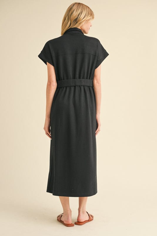 Jodifl Drop Shoulder Front Zip Collared Midi Dress with Side Pockets