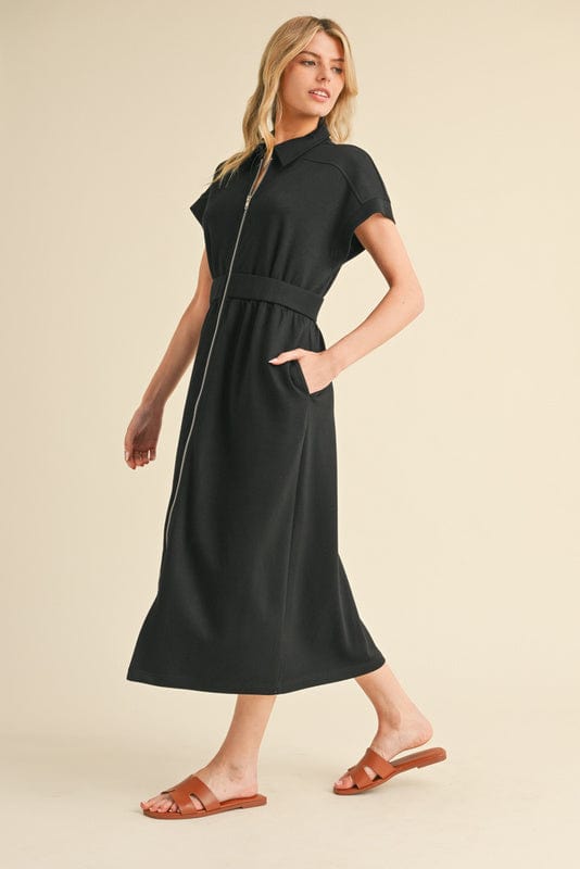 Jodifl Drop Shoulder Front Zip Collared Midi Dress with Side Pockets