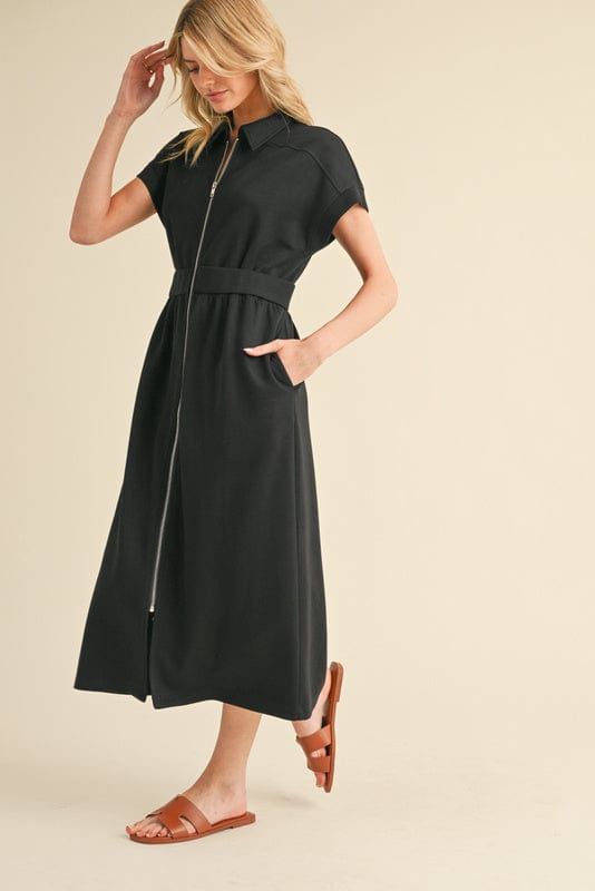 Jodifl Drop Shoulder Front Zip Collared Midi Dress with Side Pockets