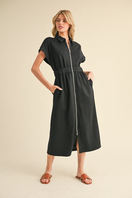 Jodifl Drop Shoulder Front Zip Collared Midi Dress with Side Pockets
