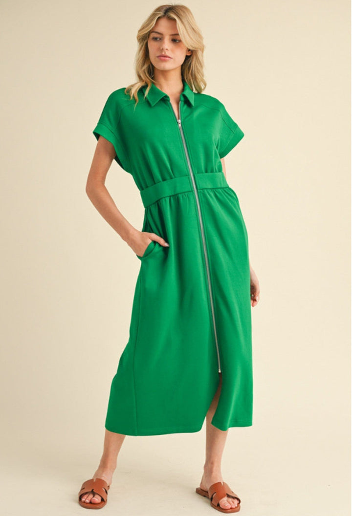 Jodifl Drop Shoulder Front Zip Collared Midi Dress with Side Pockets