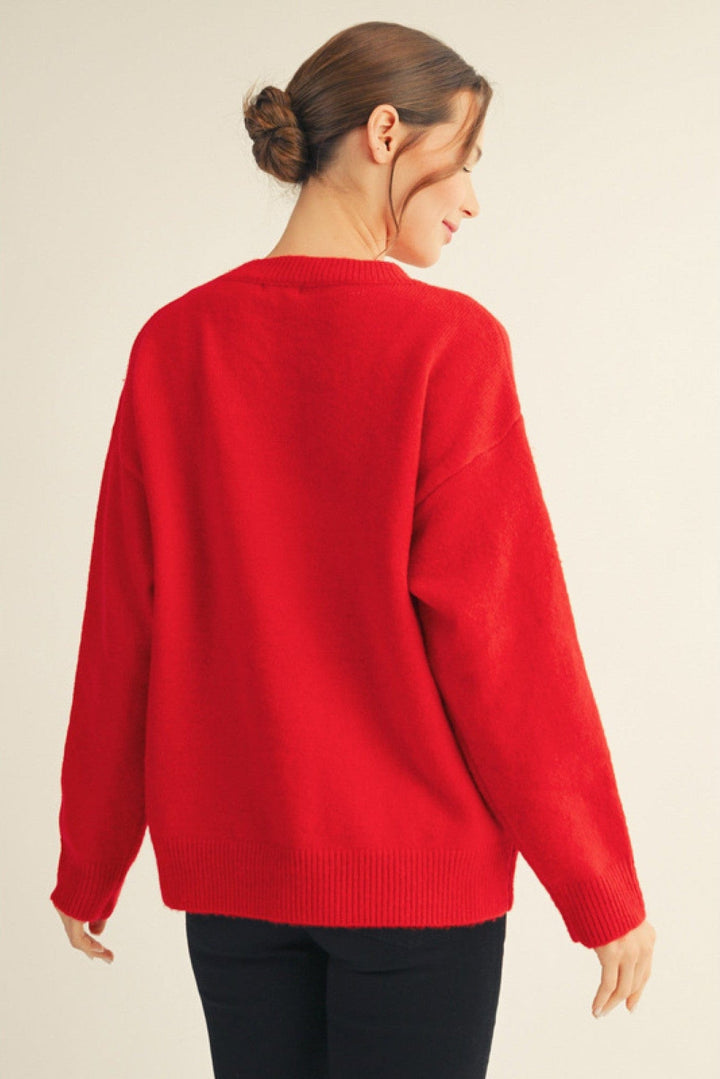 Jodifl Drop Shoulder Sequin Red Nose Reindeer Sweater