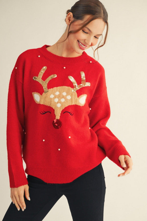 Jodifl Drop Shoulder Sequin Red Nose Reindeer Sweater