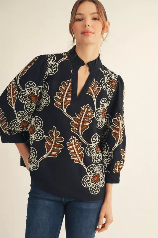 Jodifl Embroidered Floral Contrast 3/4 Sleeve Blouse